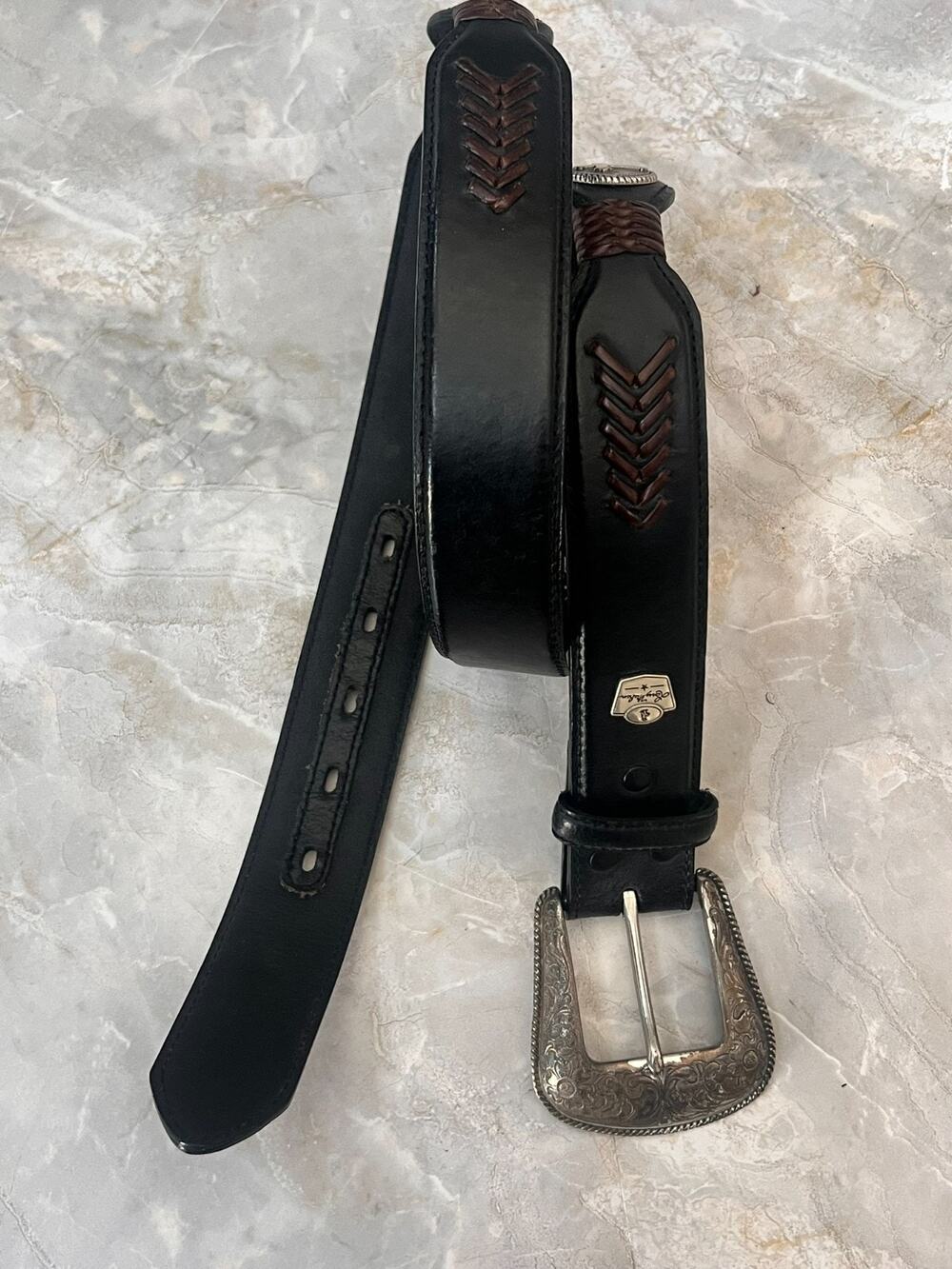 Vintage Larry Mahan Black Genuine Tooled Leather Rodeo Belt Size 36